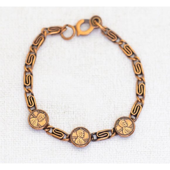 7 inch, Vintage Mid Century Faux Coins Copper Bracelet - AB2 - Picture 1 of 3